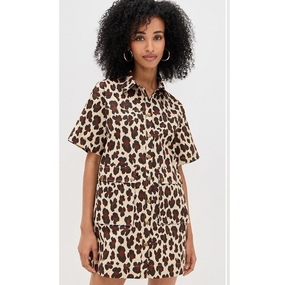 LE BOP Womens Leopard Animal Print Short Sleeve Button Up Utility Shirt Size L